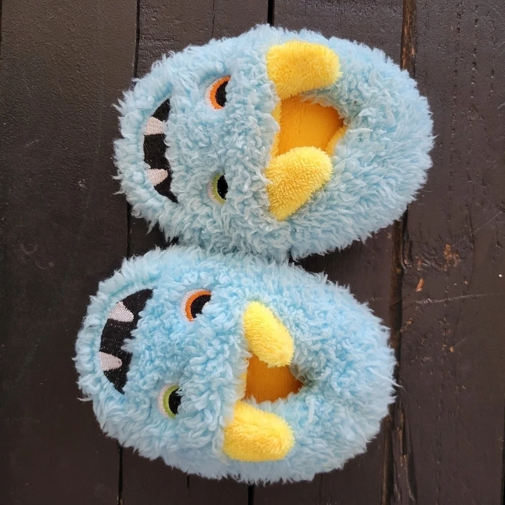 Baby Boy Monster Face Slippers Blue Yellow Sz 3 Fuzzy Furry
